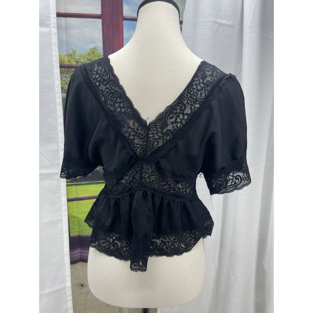 Dark Academia Coquette Black Lace Peplum Top Deep V Gothic Cottagecore Blouse S - Picture 6 of 15